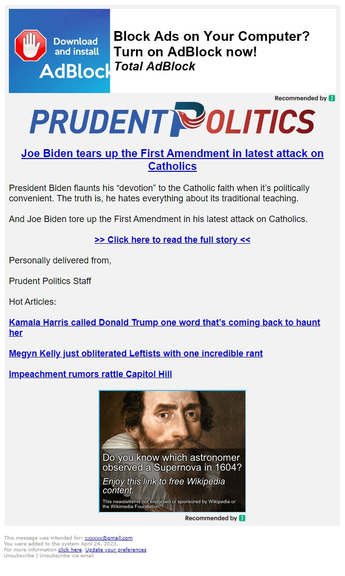 Screenshot of the email generated on import