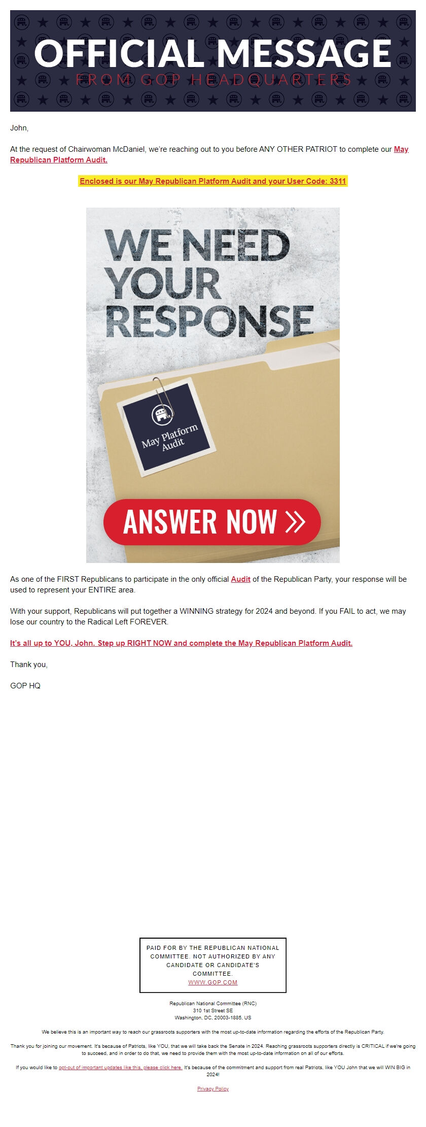 Screenshot of the email generated on import