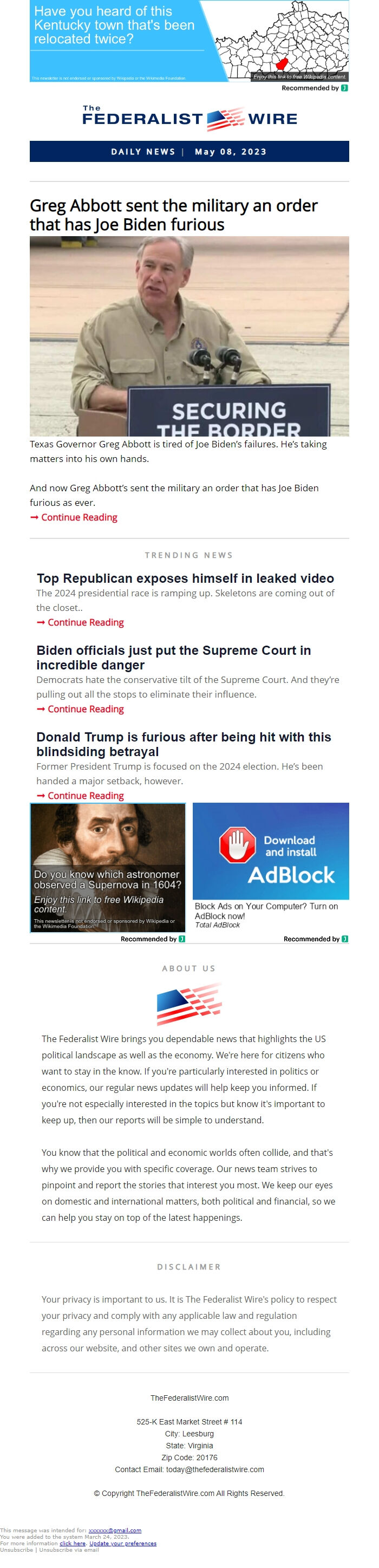 Screenshot of the email generated on import