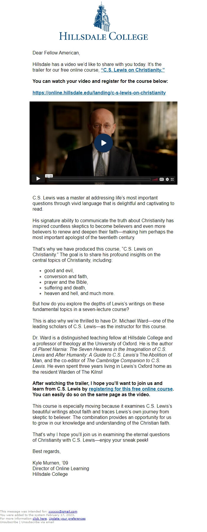 Screenshot of the email generated on import