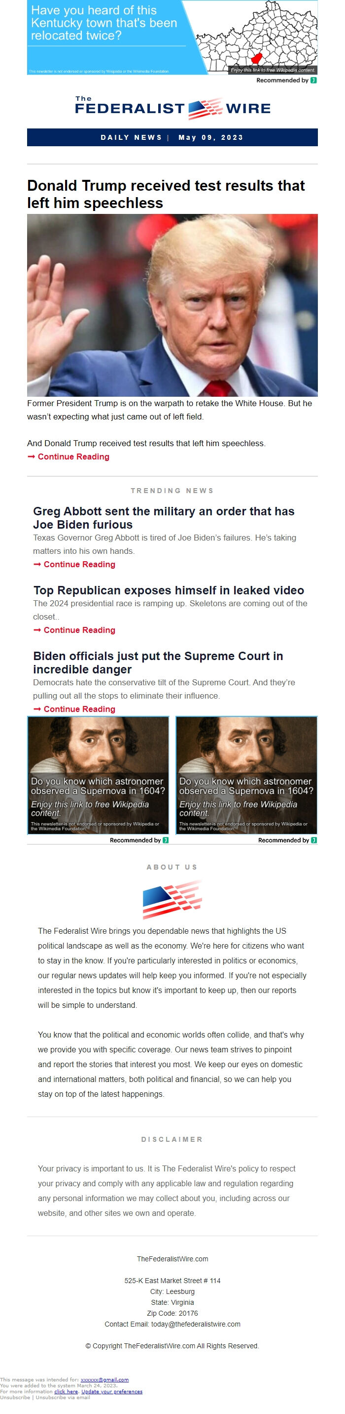 Screenshot of the email generated on import