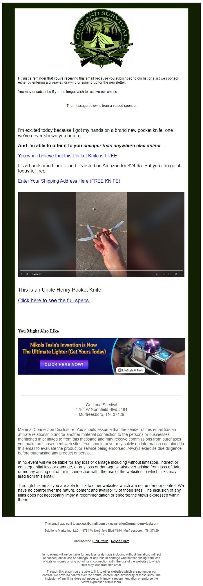 Screenshot of the email generated on import