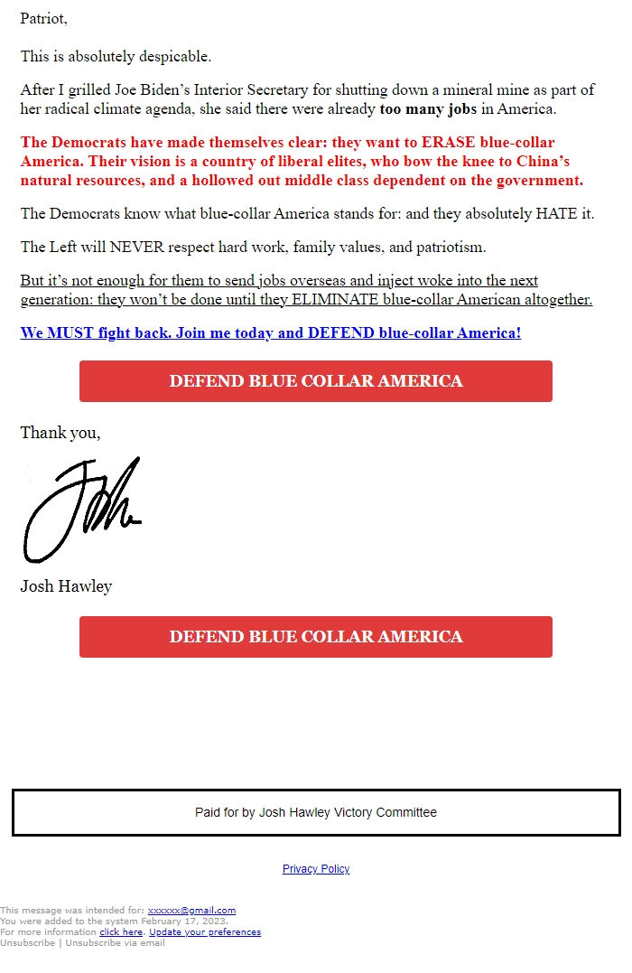 Screenshot of the email generated on import