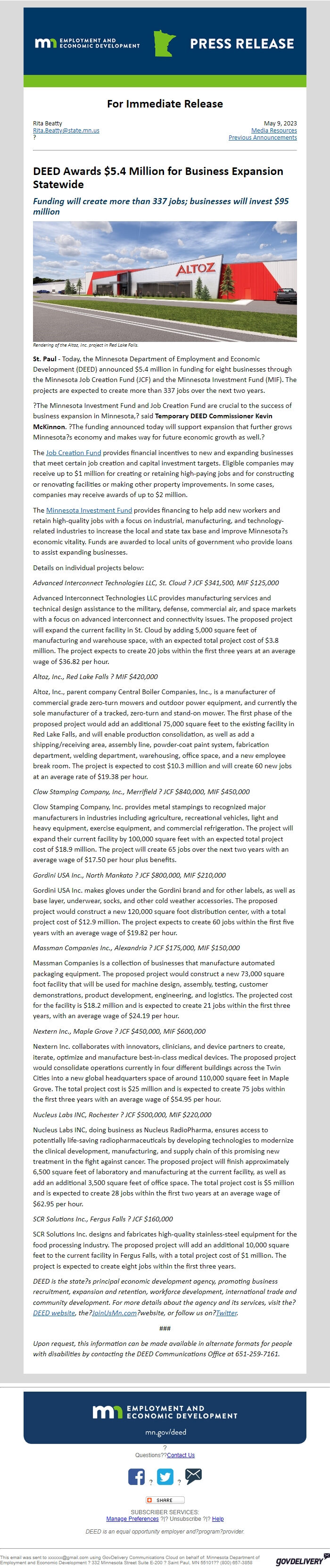 Screenshot of the email generated on import