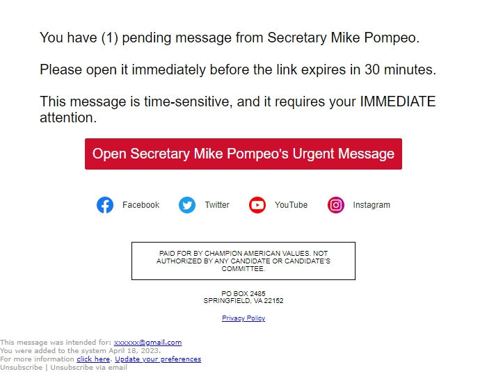 Screenshot of the email generated on import