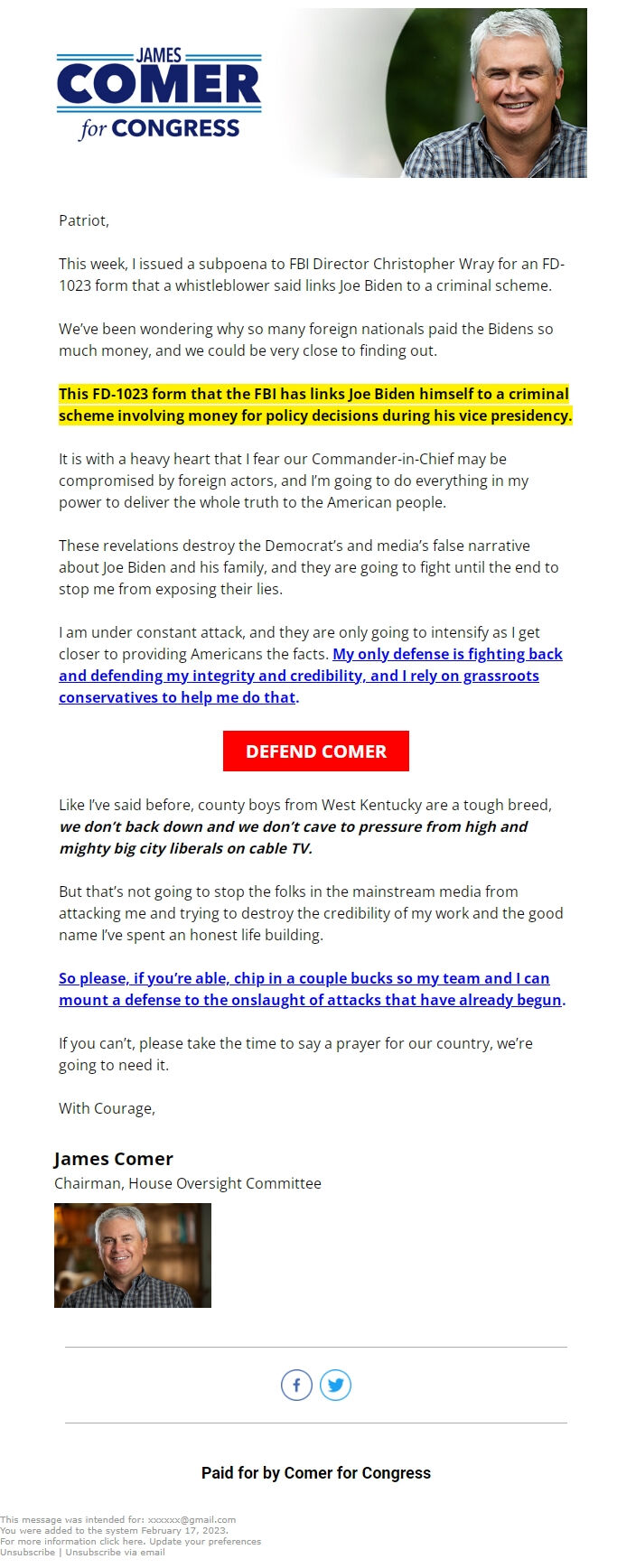 Screenshot of the email generated on import