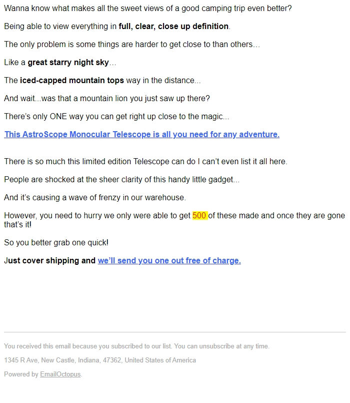 Screenshot of the email generated on import