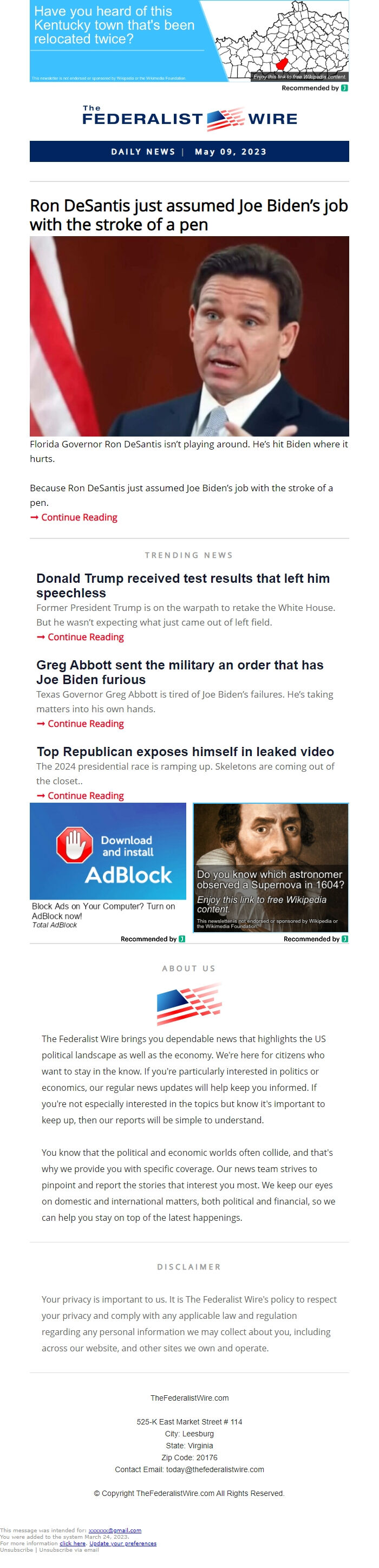 Screenshot of the email generated on import