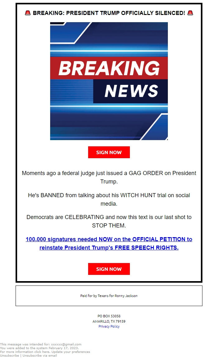 Screenshot of the email generated on import