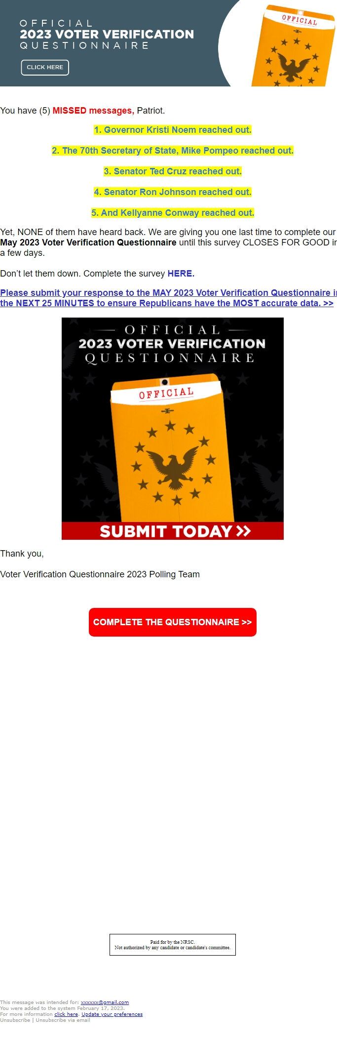 Screenshot of the email generated on import