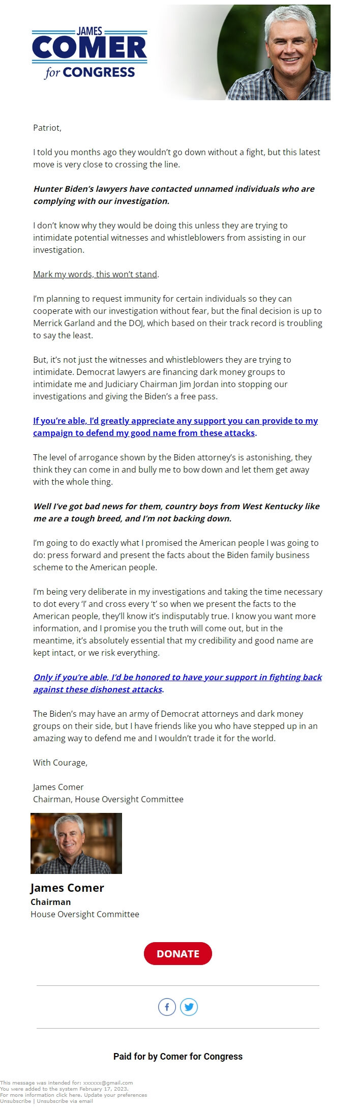 Screenshot of the email generated on import