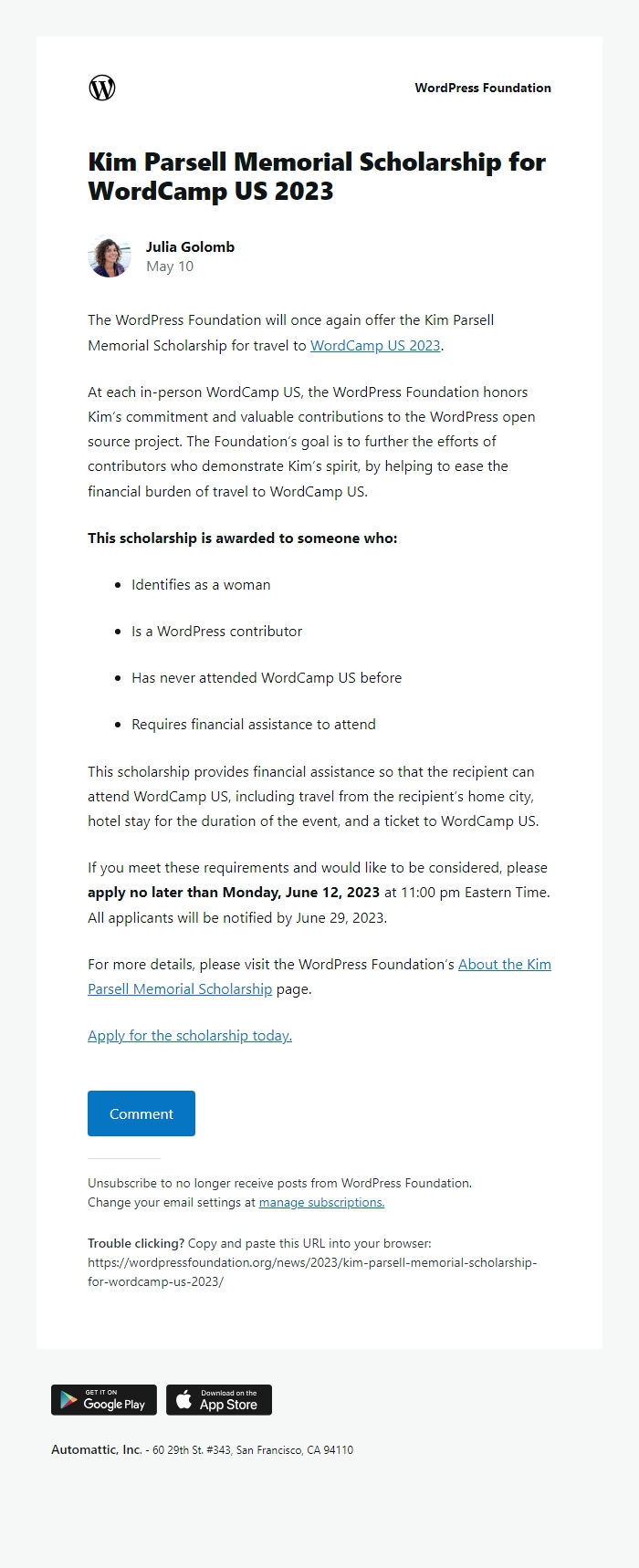 Screenshot of the email generated on import
