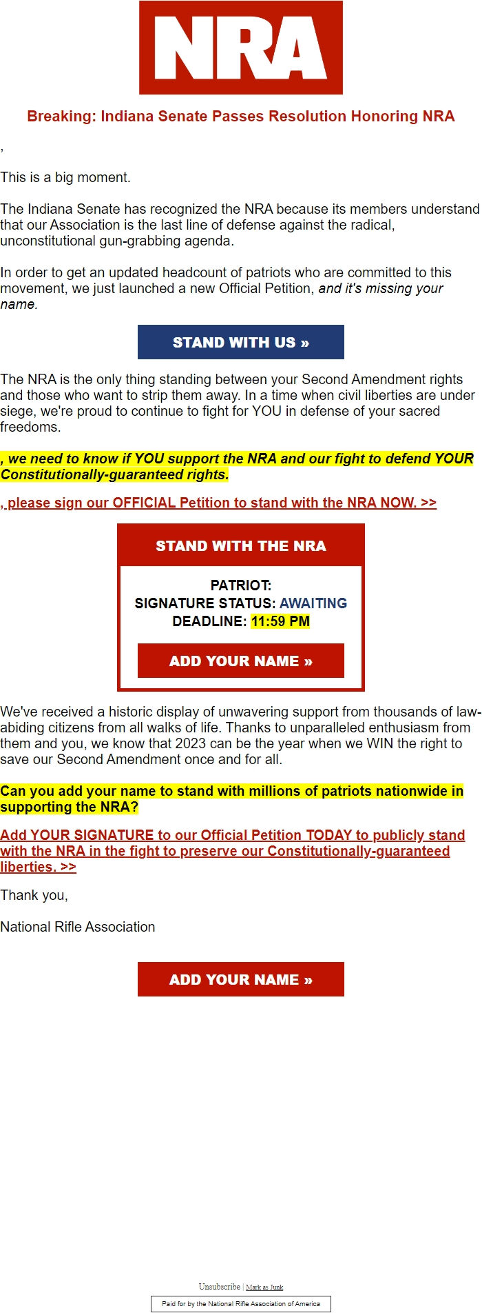 Screenshot of the email generated on import