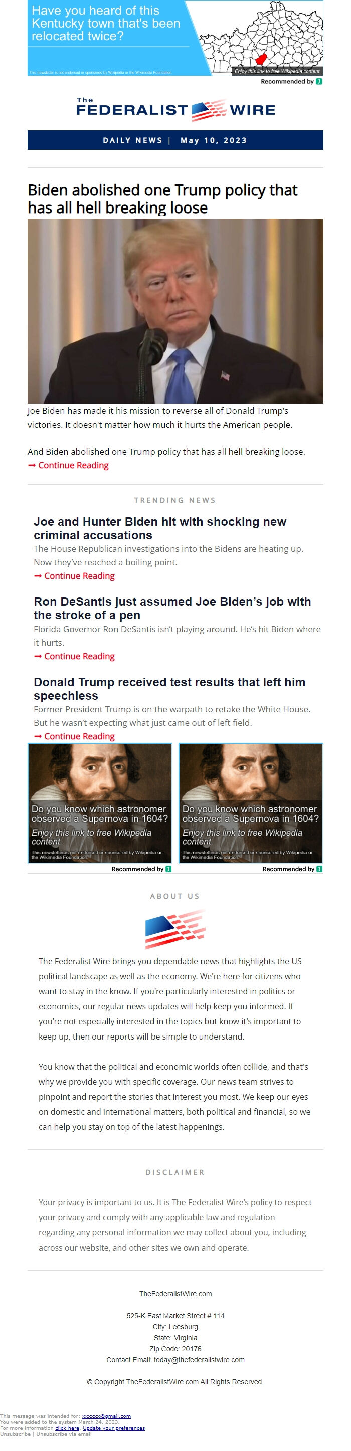 Screenshot of the email generated on import