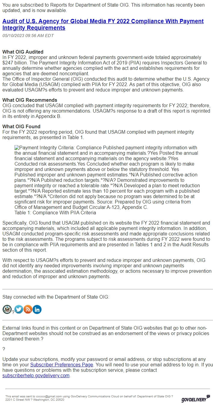Screenshot of the email generated on import