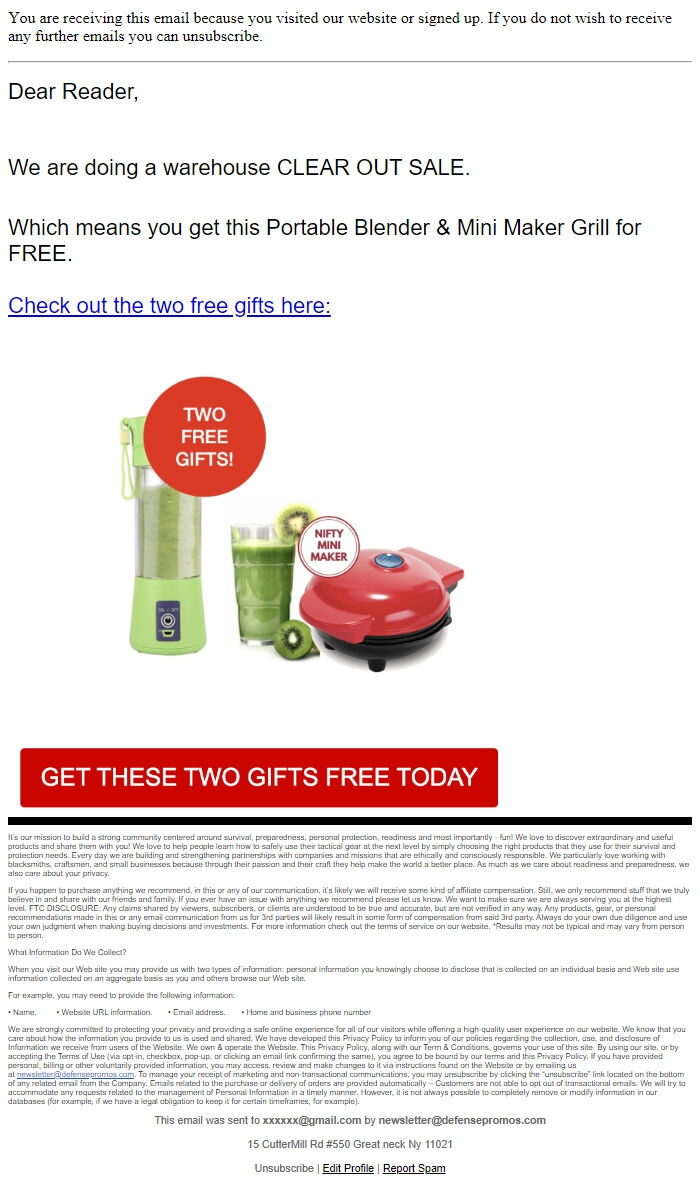 Screenshot of the email generated on import