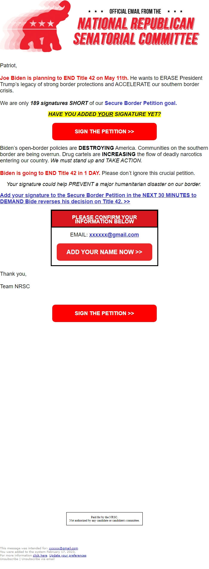 Screenshot of the email generated on import