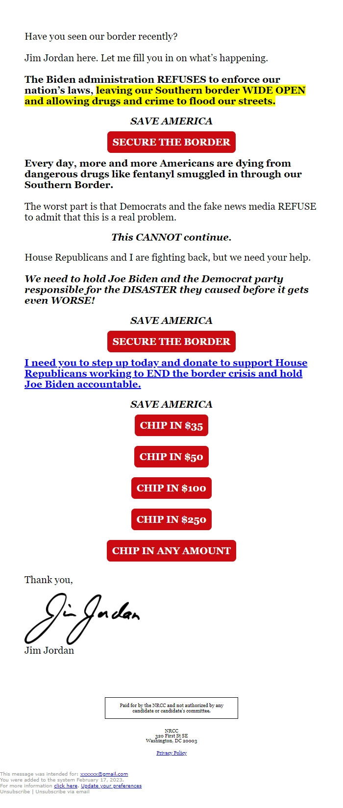 Screenshot of the email generated on import