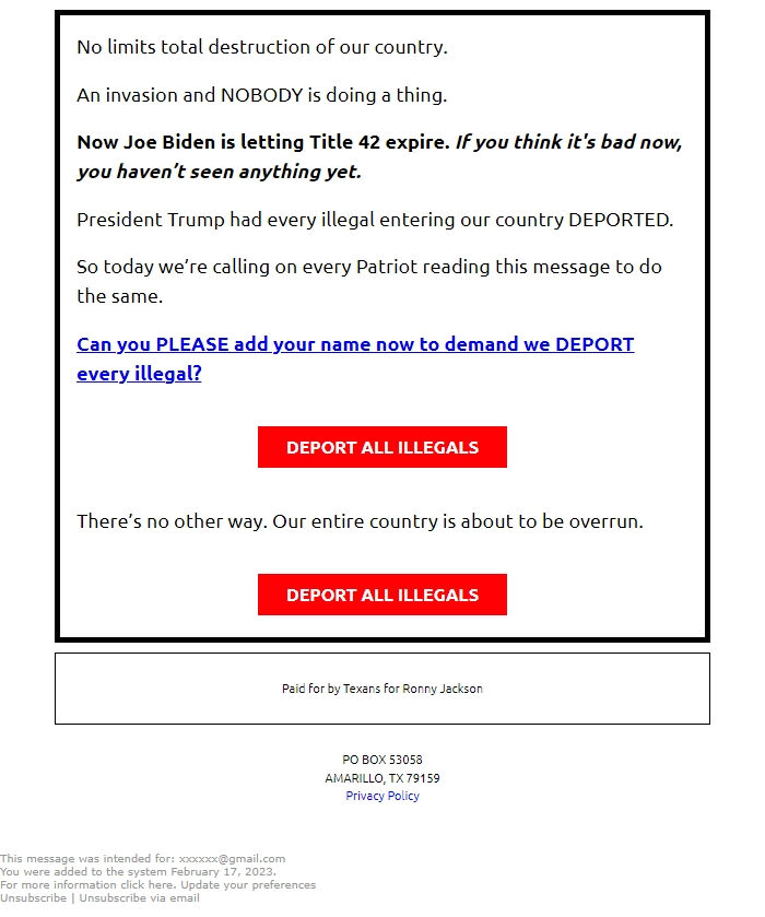 Screenshot of the email generated on import