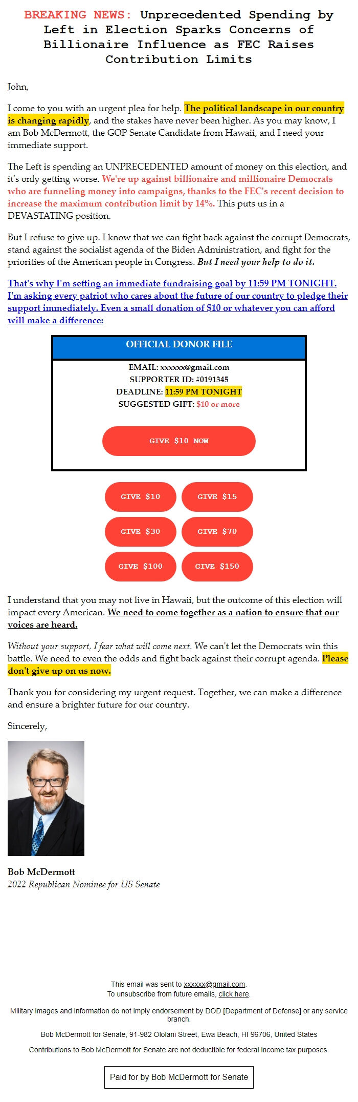Screenshot of the email generated on import