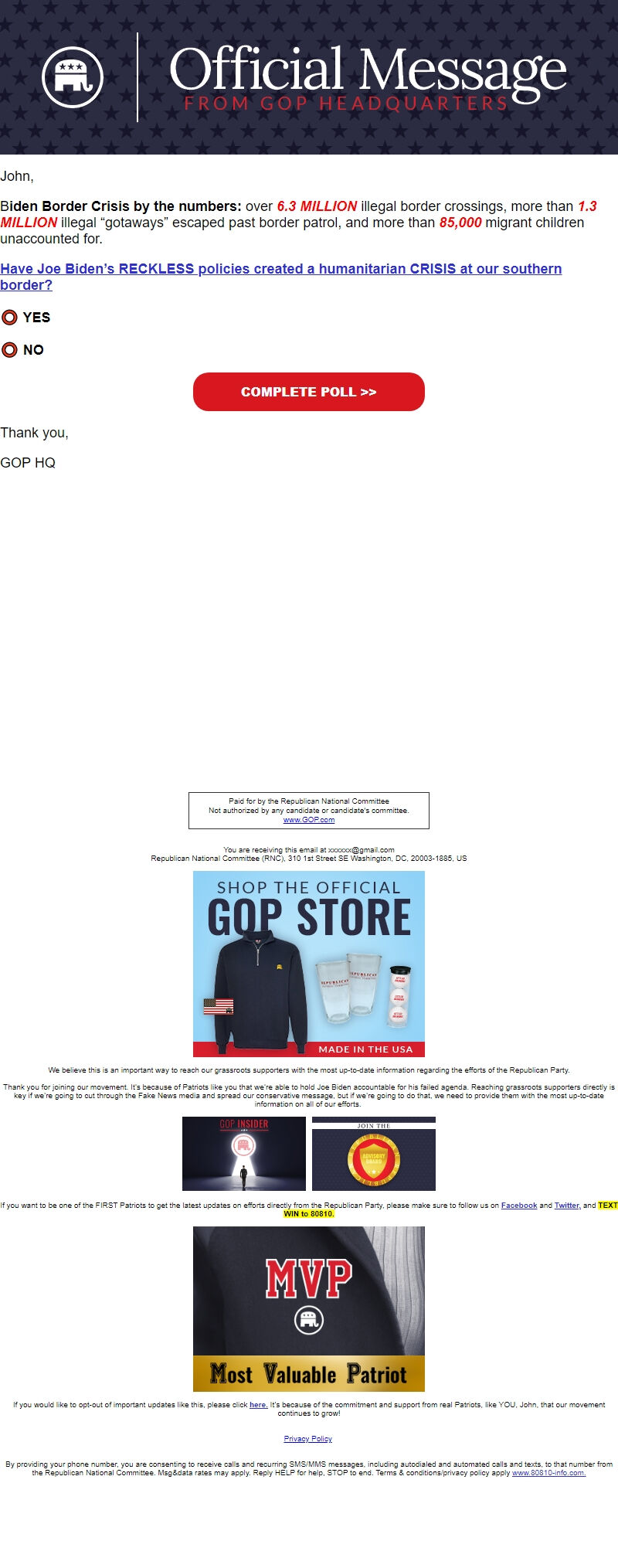 Screenshot of the email generated on import