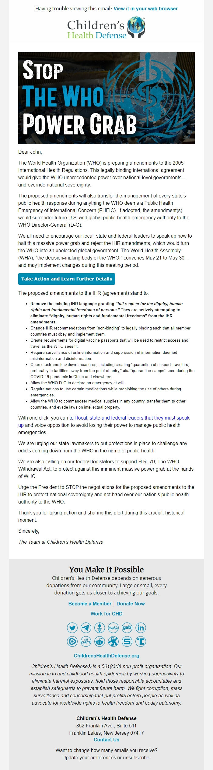 Screenshot of the email generated on import