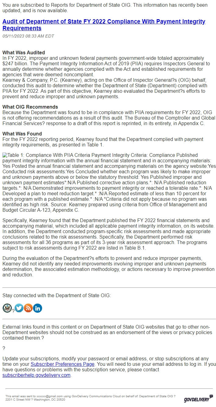 Screenshot of the email generated on import