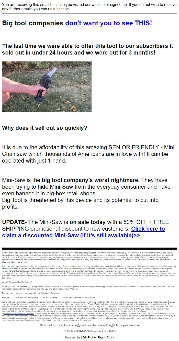 Screenshot of the email generated on import