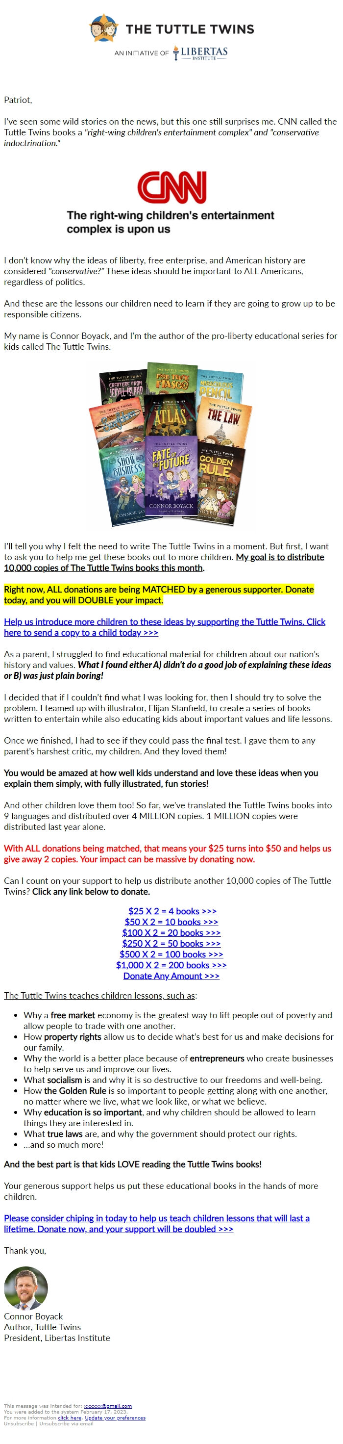 Screenshot of the email generated on import