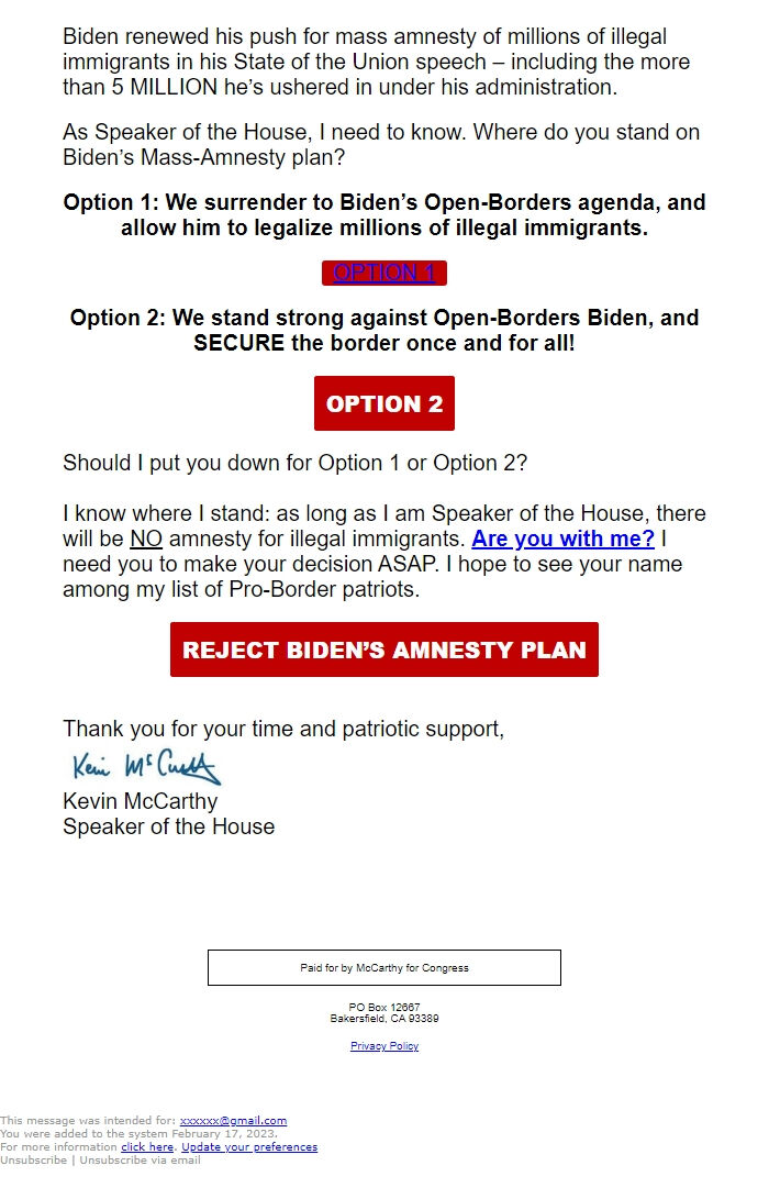 Screenshot of the email generated on import
