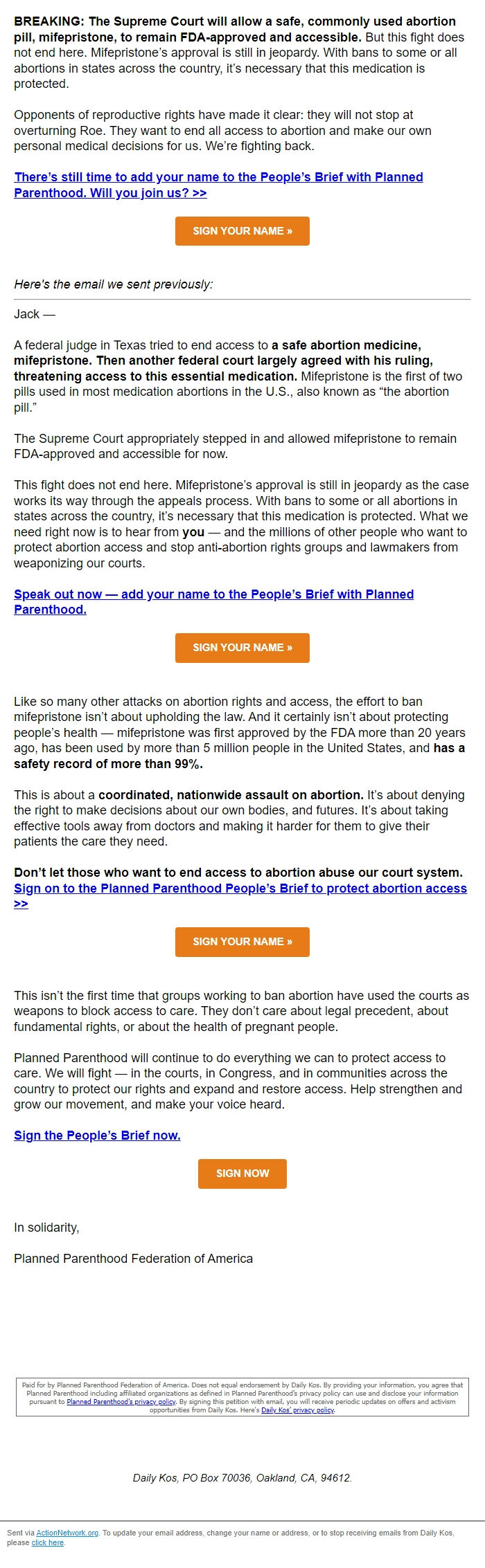 Screenshot of the email generated on import