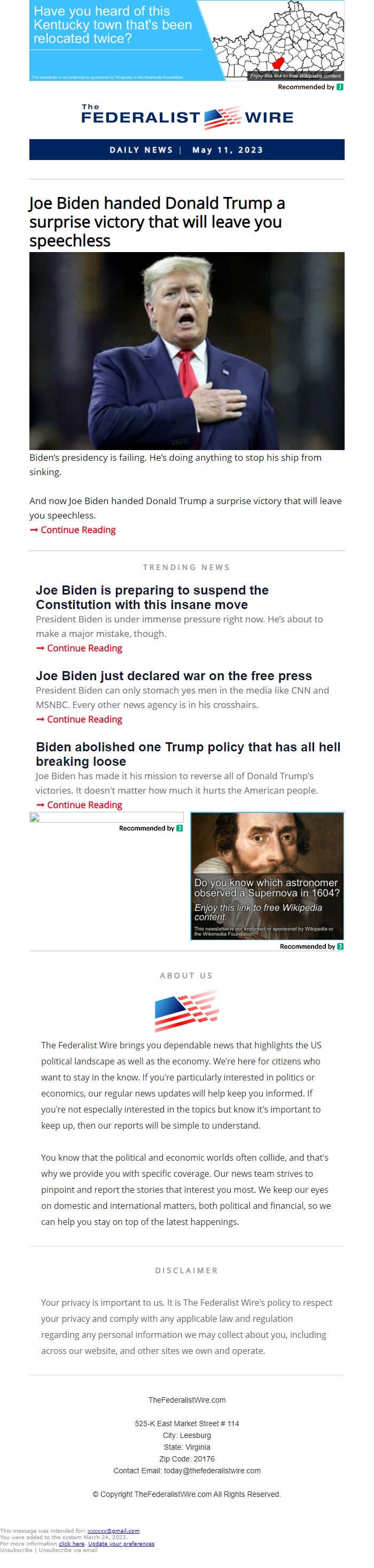 Screenshot of the email generated on import