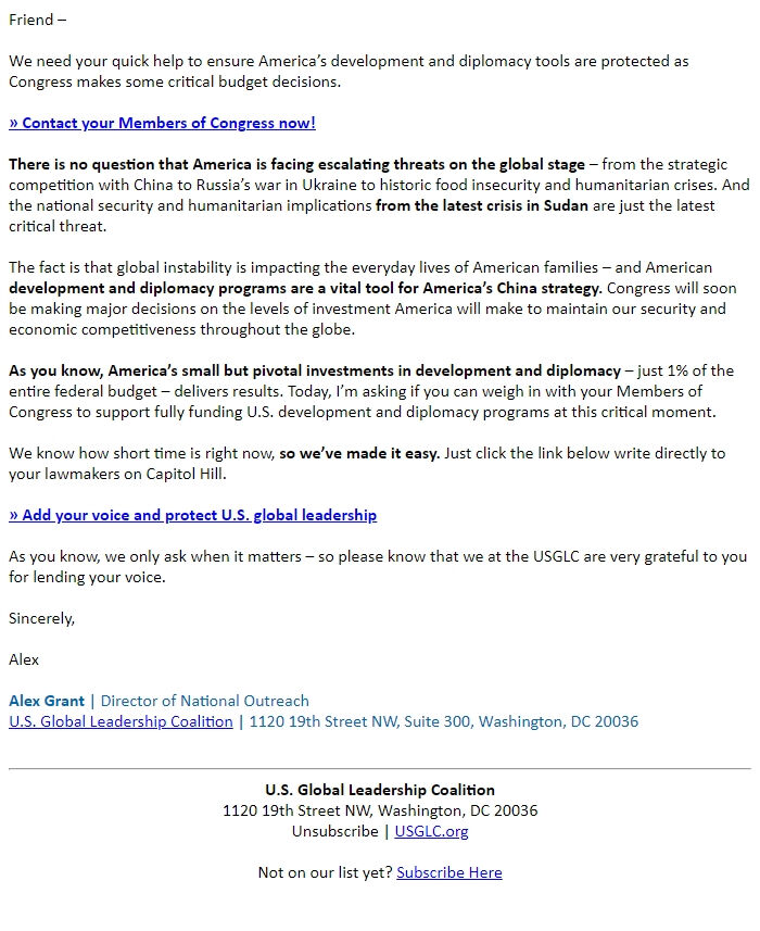 Screenshot of the email generated on import