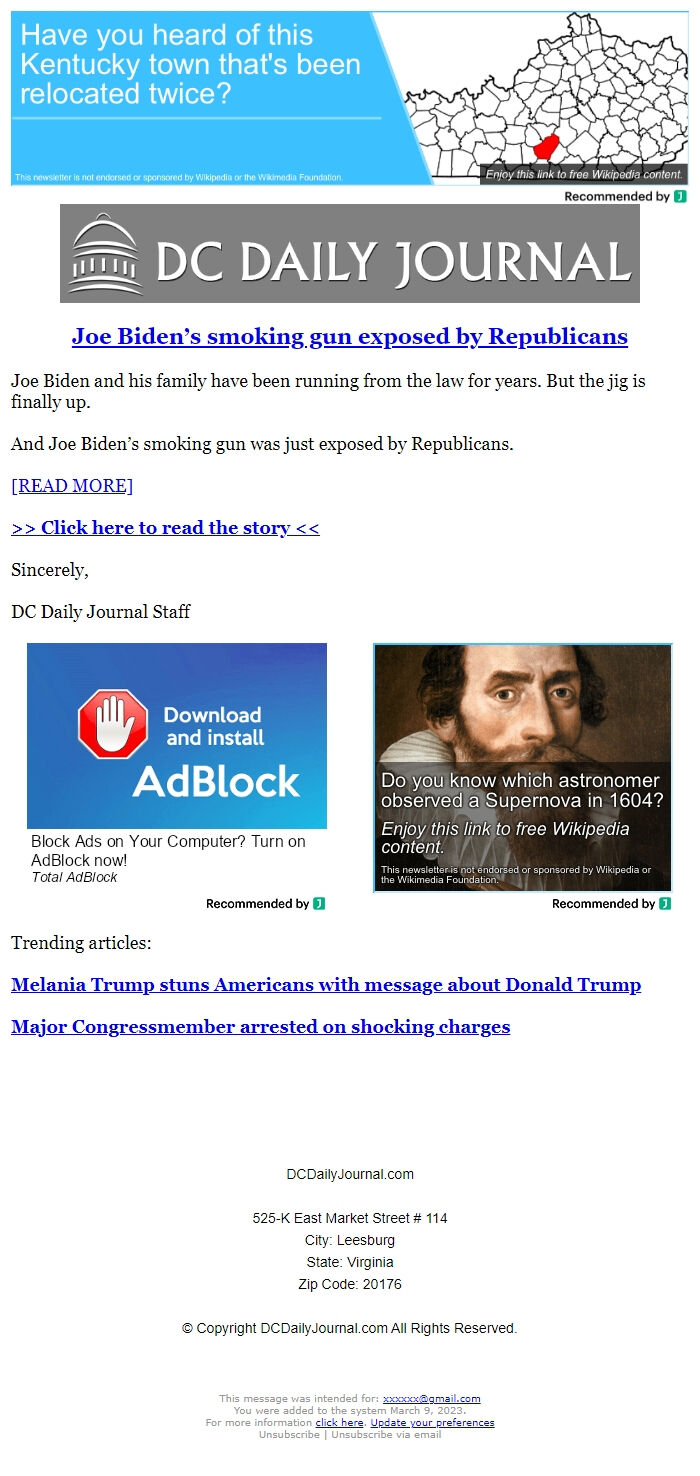 Screenshot of the email generated on import