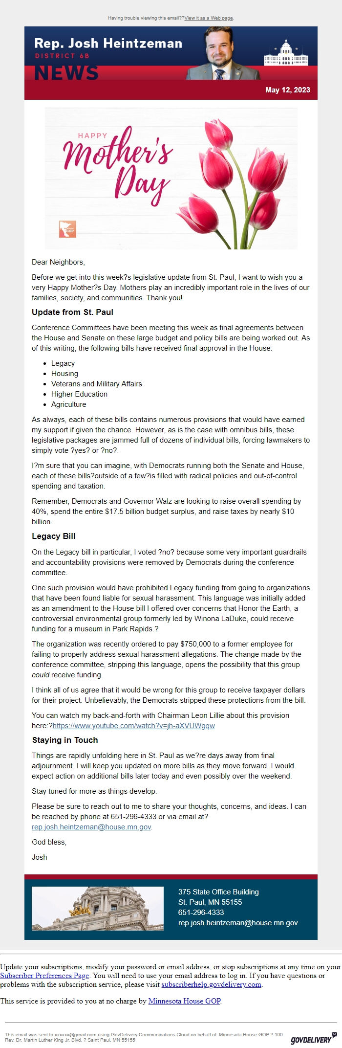 Screenshot of the email generated on import