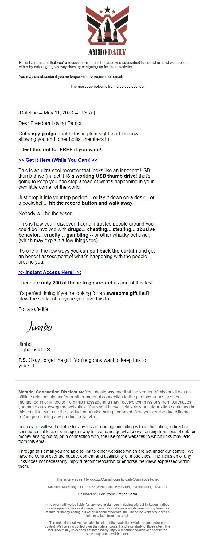 Screenshot of the email generated on import