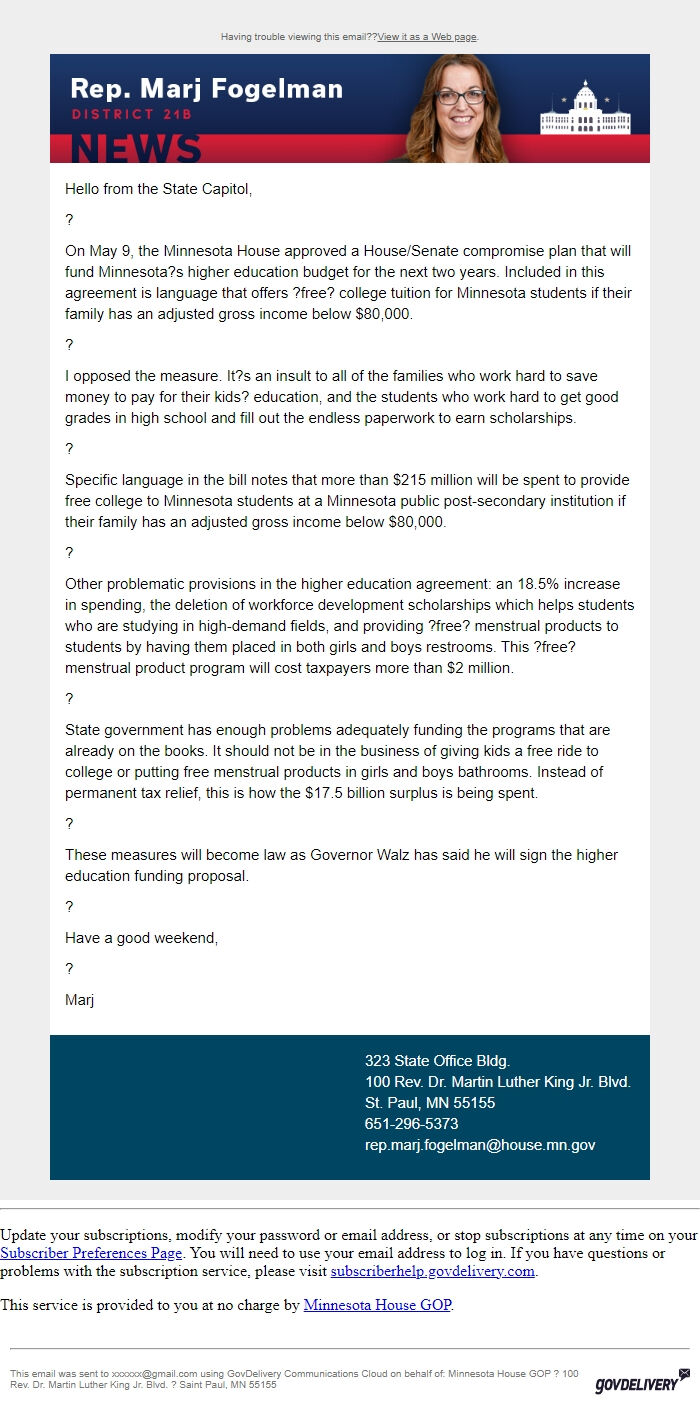 Screenshot of the email generated on import