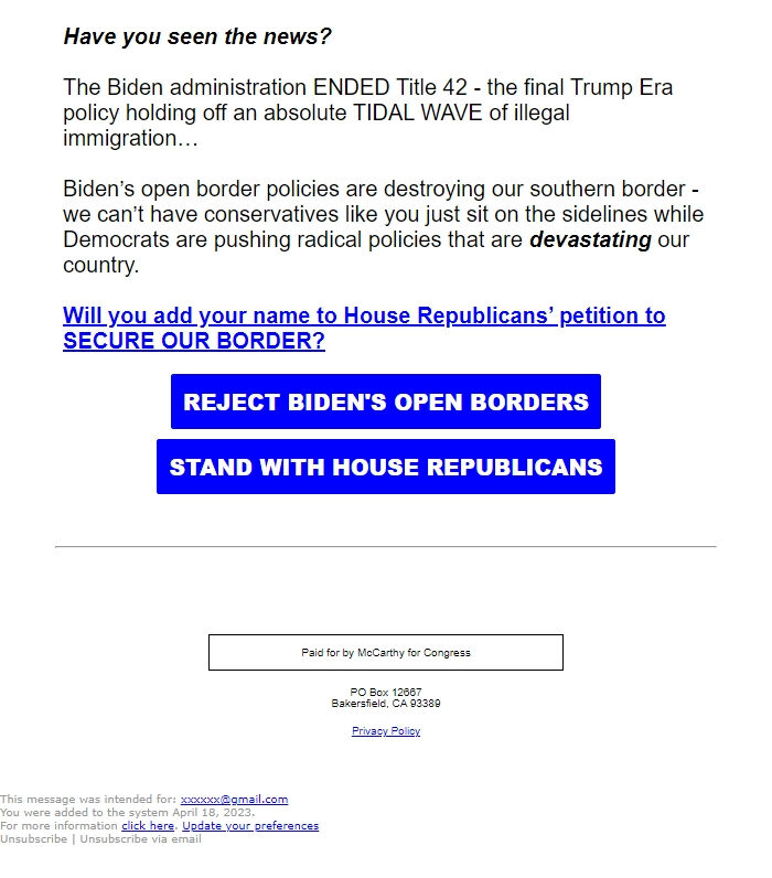 Screenshot of the email generated on import