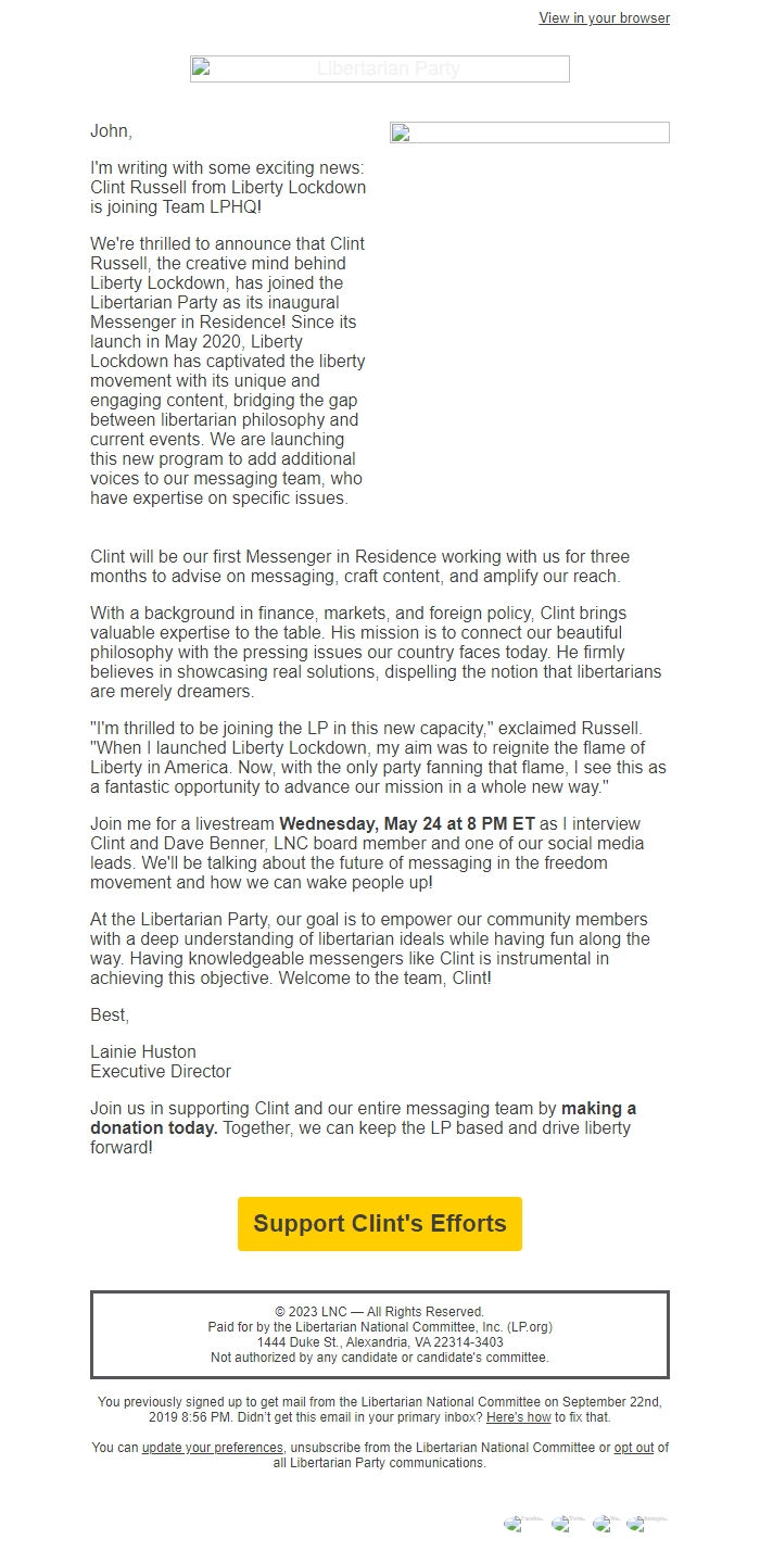 Screenshot of the email generated on import