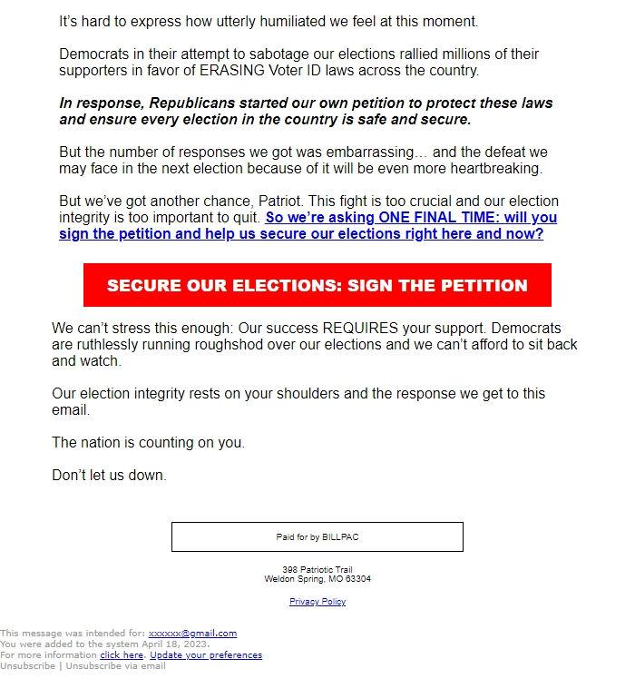 Screenshot of the email generated on import