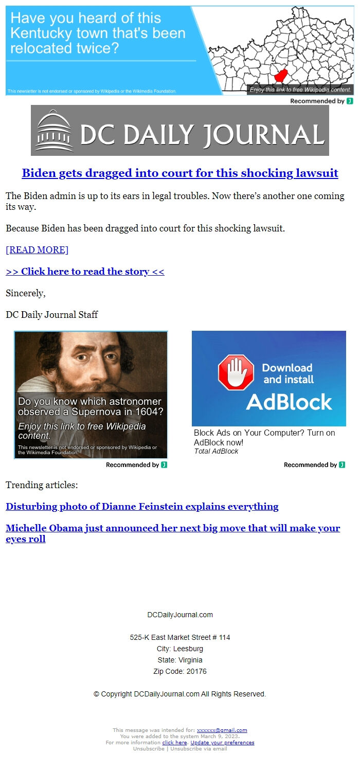 Screenshot of the email generated on import