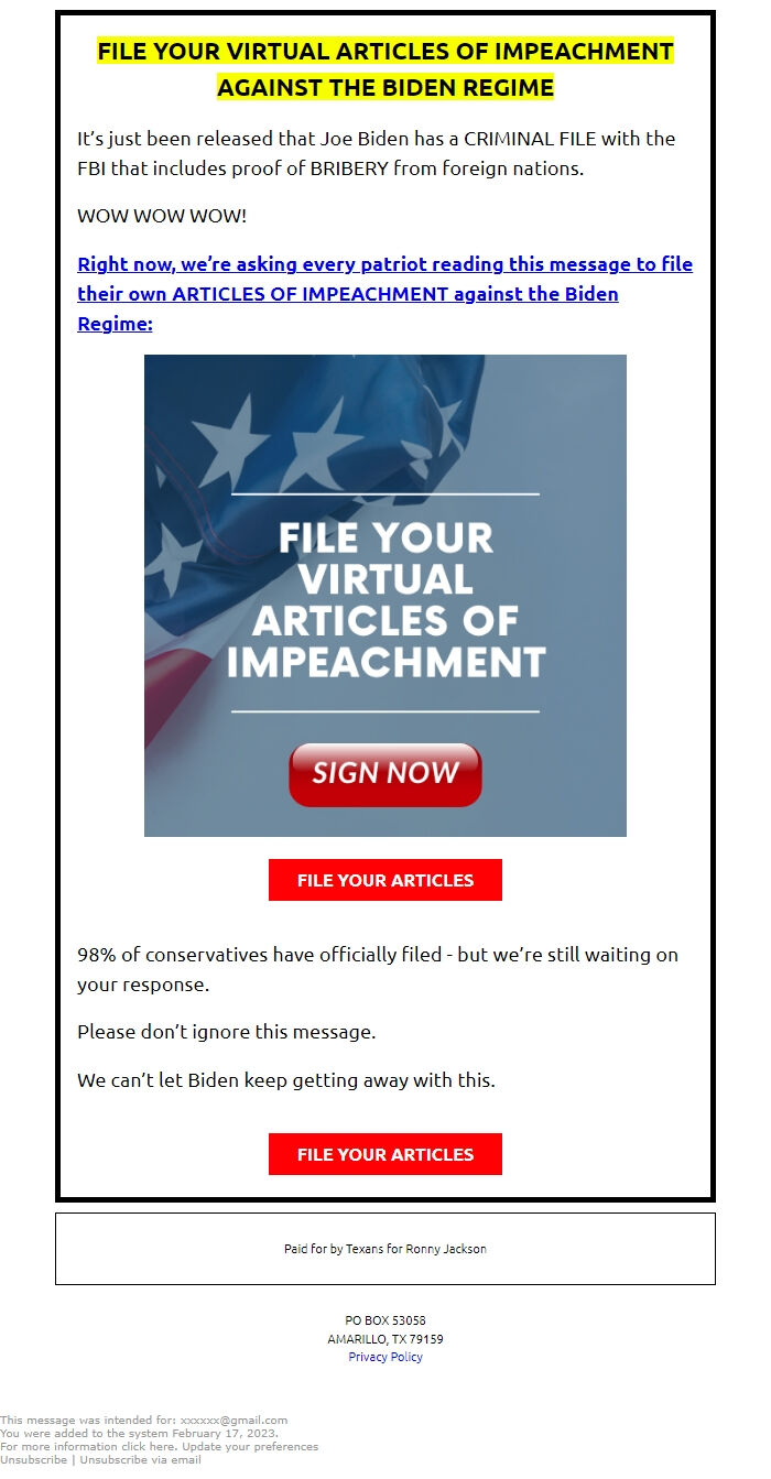 Screenshot of the email generated on import