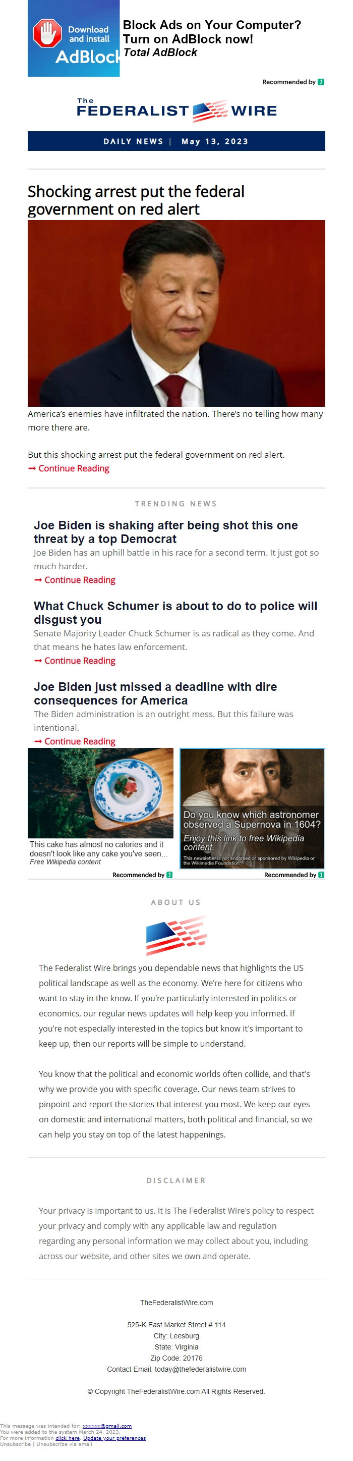 Screenshot of the email generated on import