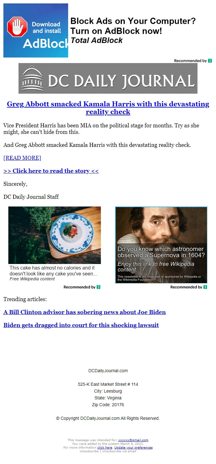 Screenshot of the email generated on import