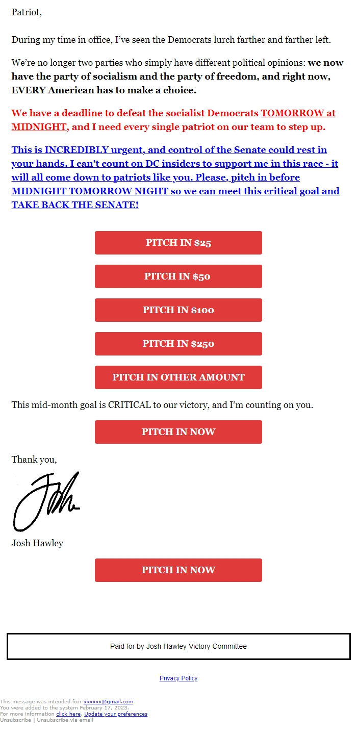 Screenshot of the email generated on import
