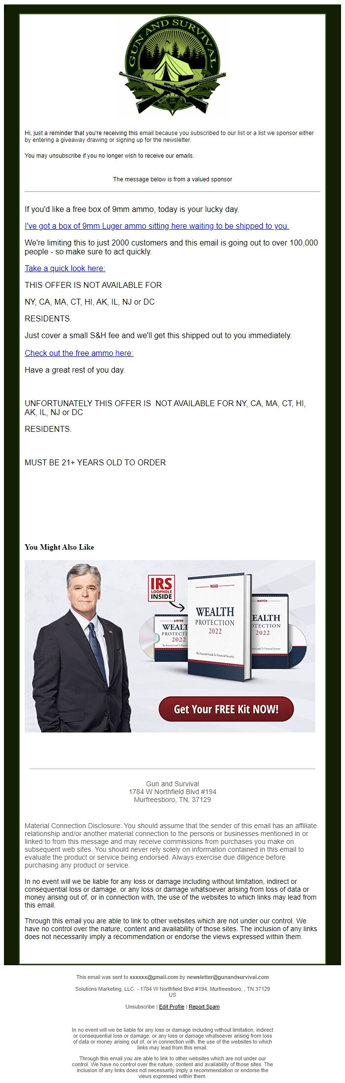 Screenshot of the email generated on import