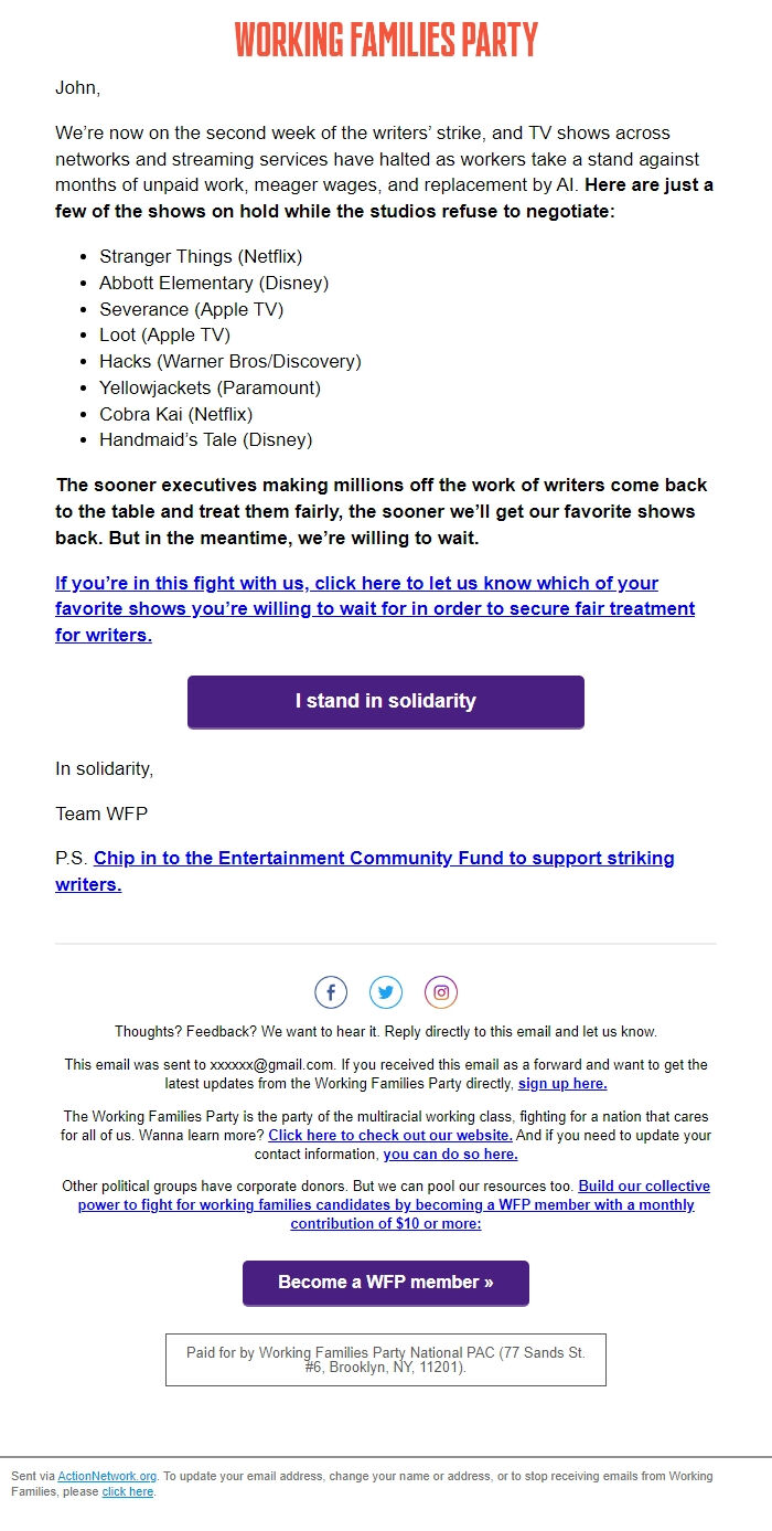 Screenshot of the email generated on import