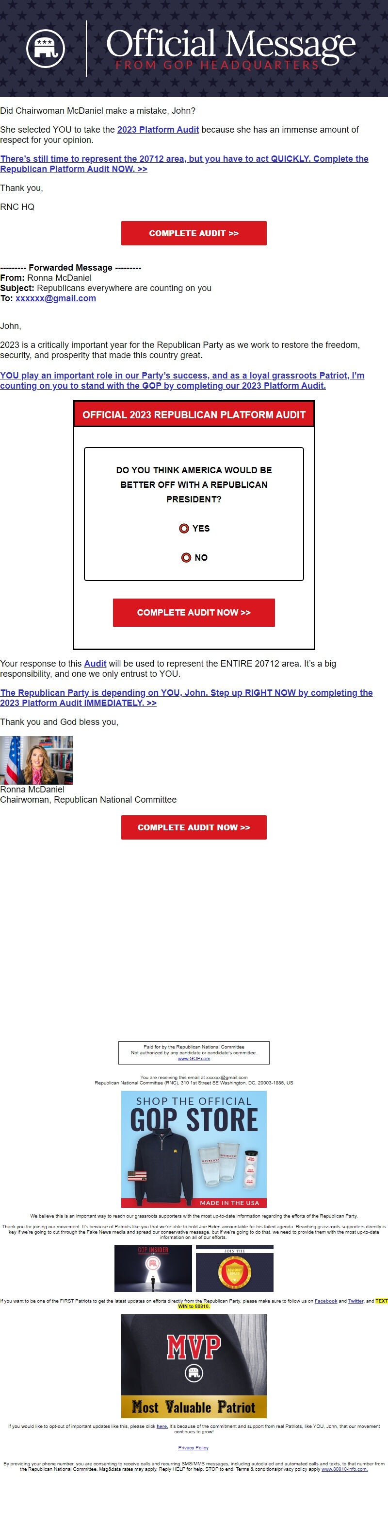 Screenshot of the email generated on import