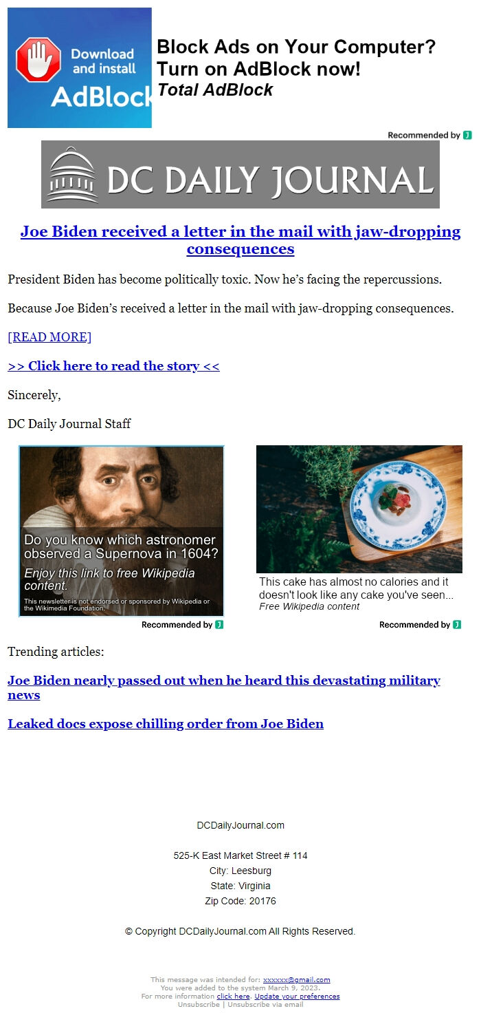Screenshot of the email generated on import