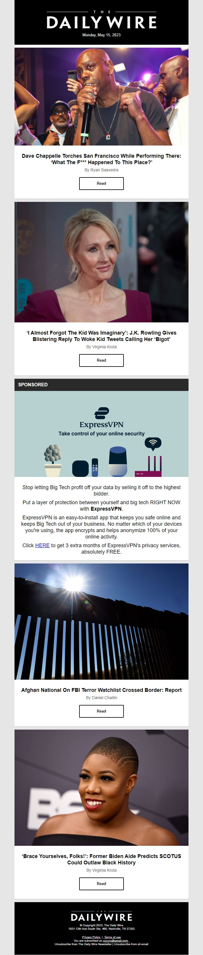 Screenshot of the email generated on import